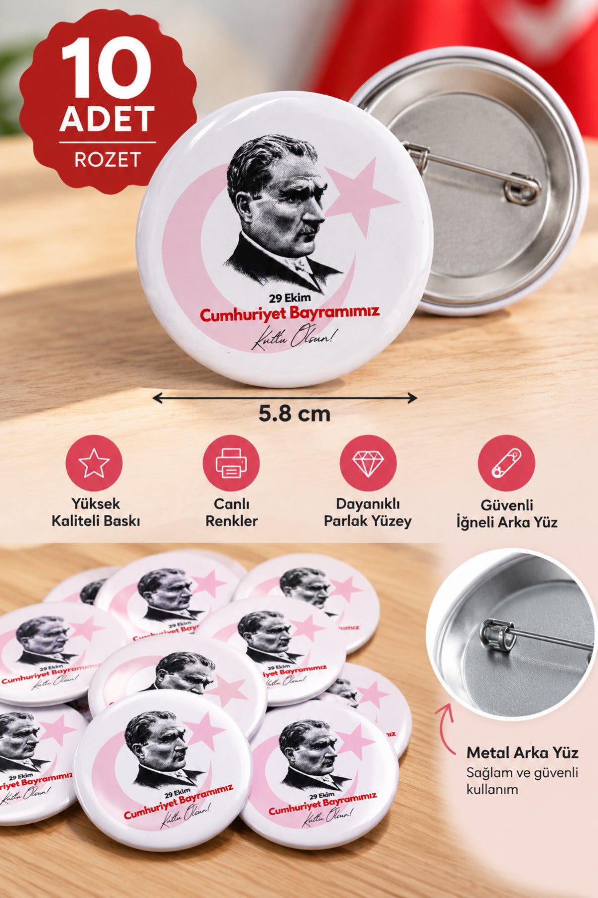 29 Ekim Cumhuriyet Bayramı Atatürk Rozet 10 adet (5.8 cm)