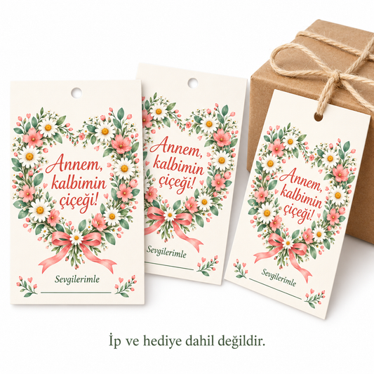 Kalbimin Çiçeği Anneler Günü hediye etiketi kullanım örneği; ip ve hediye dahil değildir