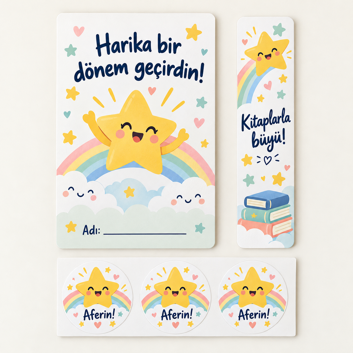 Yıldız Öğrenciler Karne hediye paketi: kart, kitap ayracı ve sticker