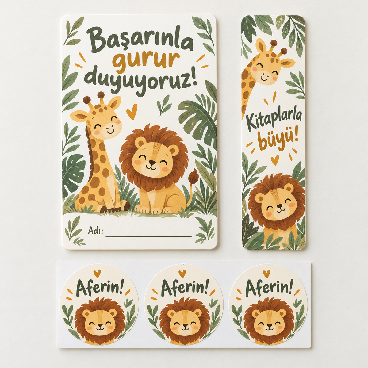 Safari Başarı Karne hediye paketi: kart, kitap ayracı ve sticker