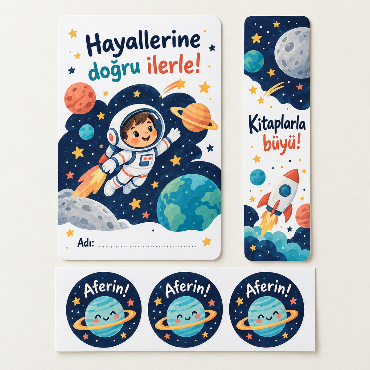 Uzay Kâşifleri Karne hediye paketi: kart, kitap ayracı ve sticker