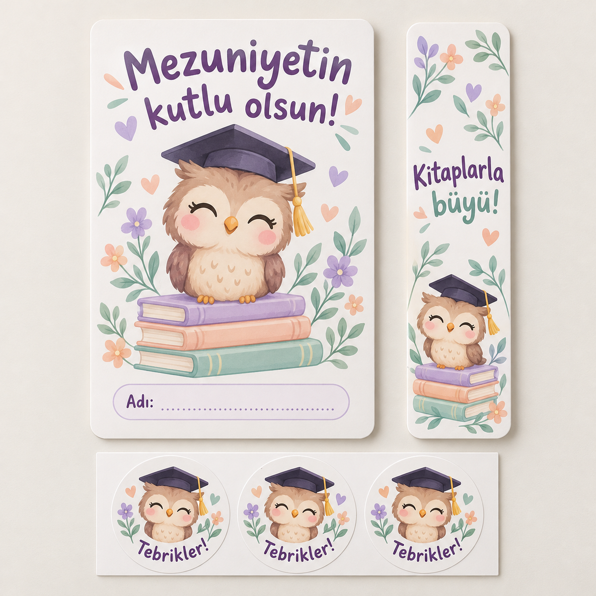 Minik Mezunlar Mezuniyet hediye paketi: kart, kitap ayracı ve sticker