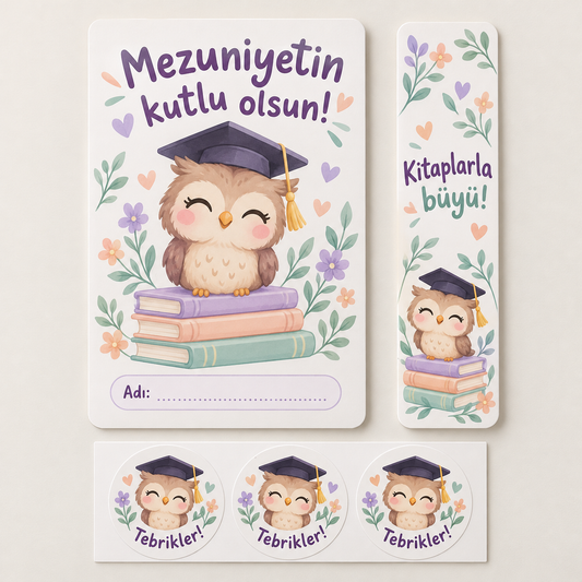 Minik Mezunlar Mezuniyet hediye paketi: kart, kitap ayracı ve sticker