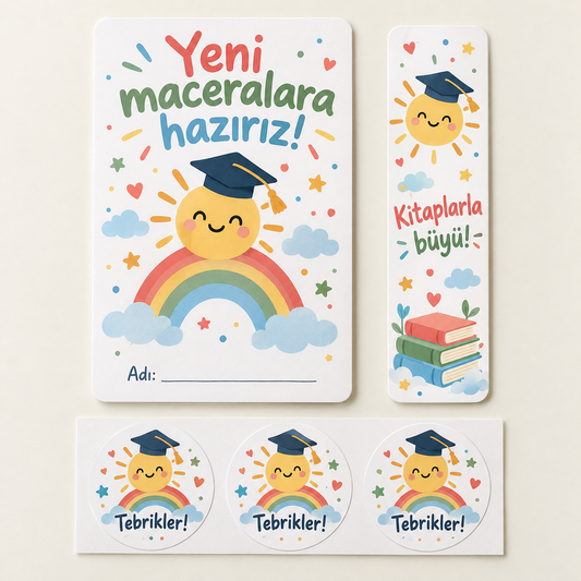 Yeni Maceralar Mezuniyet hediye paketi: kart, kitap ayracı ve sticker