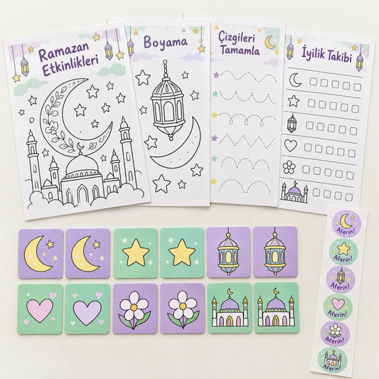 Hilal ve Yıldızlar Ramazan etkinlik paketi: 4 A4 sayfa, 12 kart, 24 sticker
