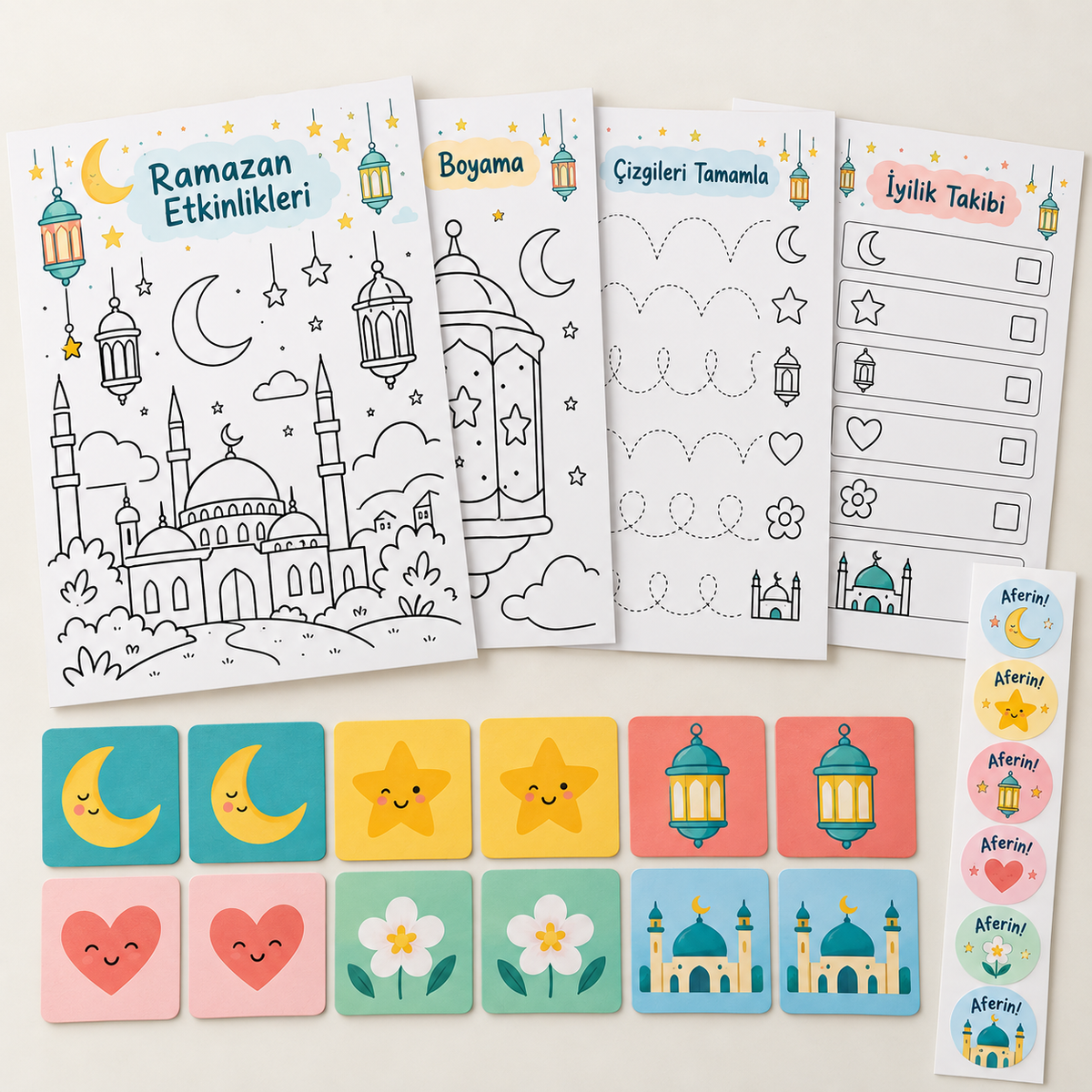 Neşeli Fenerler Ramazan etkinlik paketi: 4 A4 sayfa, 12 kart, 24 sticker