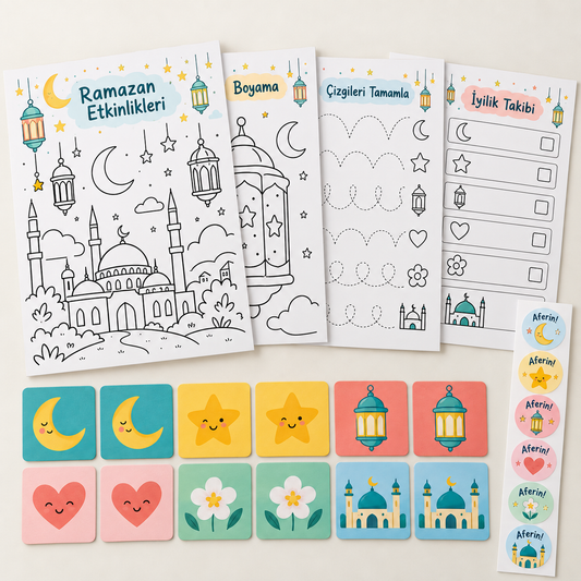 Neşeli Fenerler Ramazan etkinlik paketi: 4 A4 sayfa, 12 kart, 24 sticker