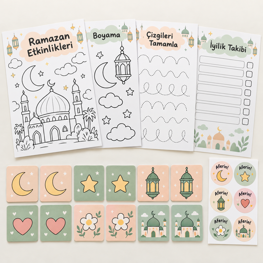 Minik Cami Ramazan etkinlik paketi: 4 A4 sayfa, 12 kart, 24 sticker