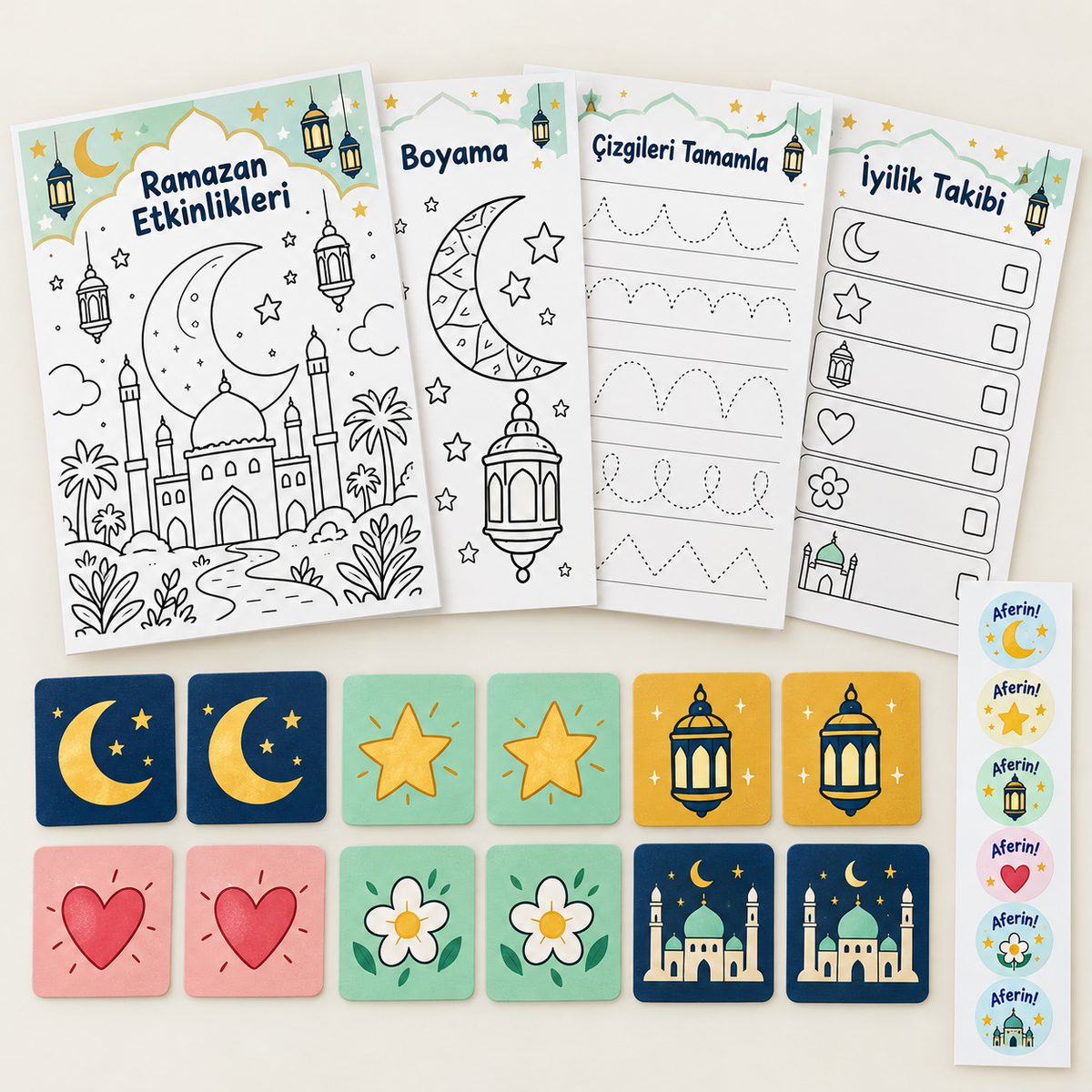 Ramazan Kâşifleri Ramazan etkinlik paketi: 4 A4 sayfa, 12 kart, 24 sticker
