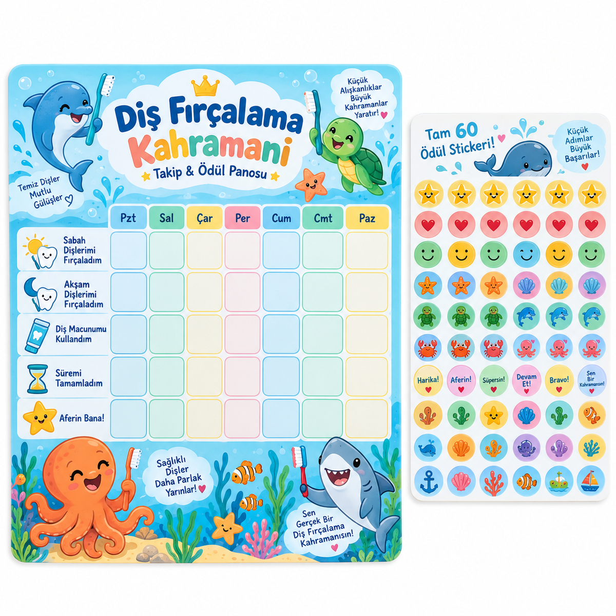 ST-RT-1002 Diş Fırçalama Kahramanı Takip & Ödül Panosu – 29×42 cm + 60 Sticker baskı görünümü