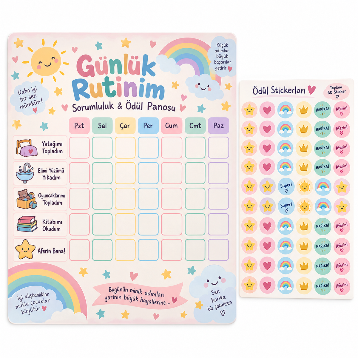 ST-RT-1003 Günlük Rutinim Sorumluluk & Ödül Panosu – 29×42 cm + 60 Sticker baskı görünümü