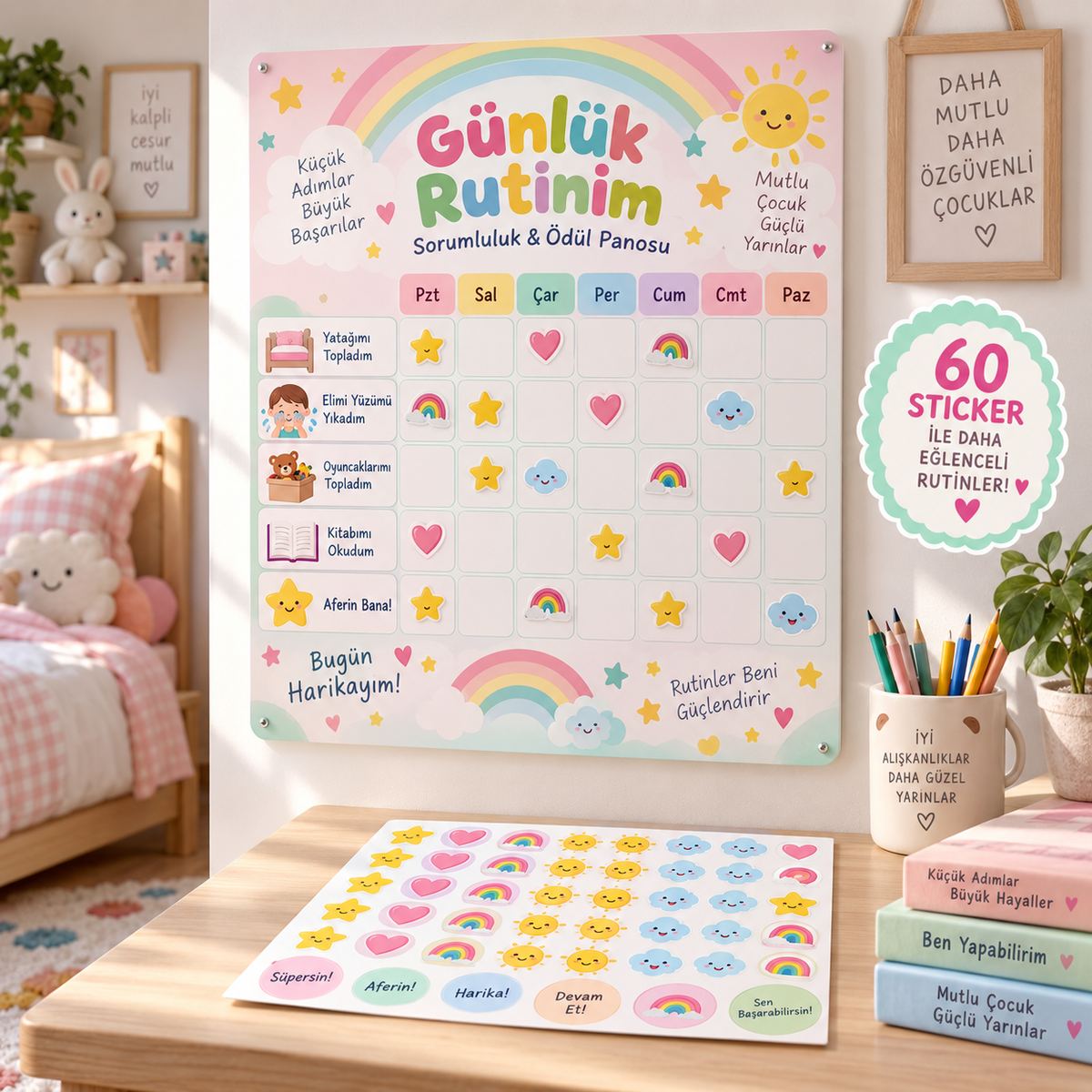 ST-RT-1003 Günlük Rutinim Sorumluluk & Ödül Panosu – 29×42 cm + 60 Sticker mockup