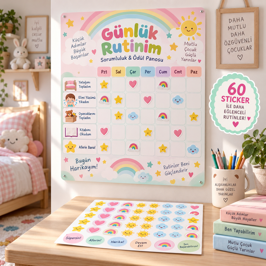ST-RT-1003 Günlük Rutinim Sorumluluk & Ödül Panosu – 29×42 cm + 60 Sticker mockup