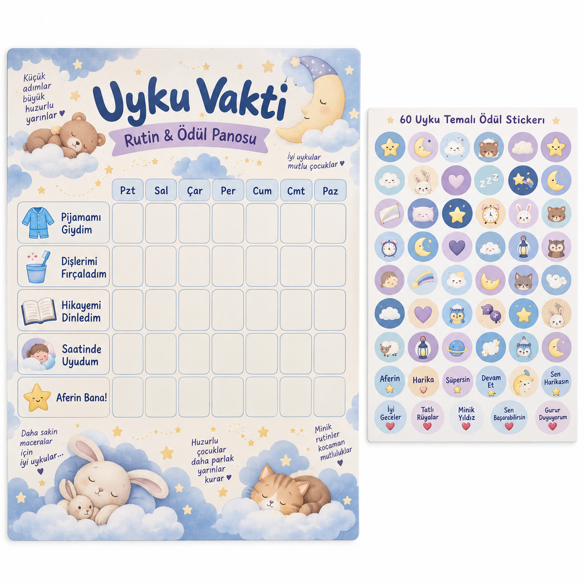 ST-RT-1005 Uyku Vakti Rutin & Ödül Panosu – 29×42 cm + 60 Sticker baskı görünümü