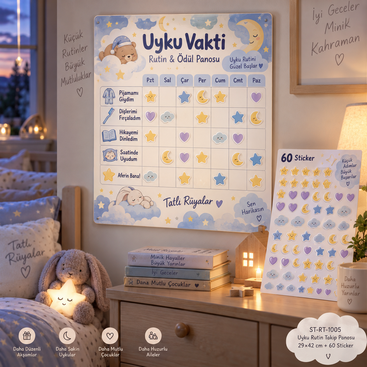 ST-RT-1005 Uyku Vakti Rutin & Ödül Panosu – 29×42 cm + 60 Sticker mockup