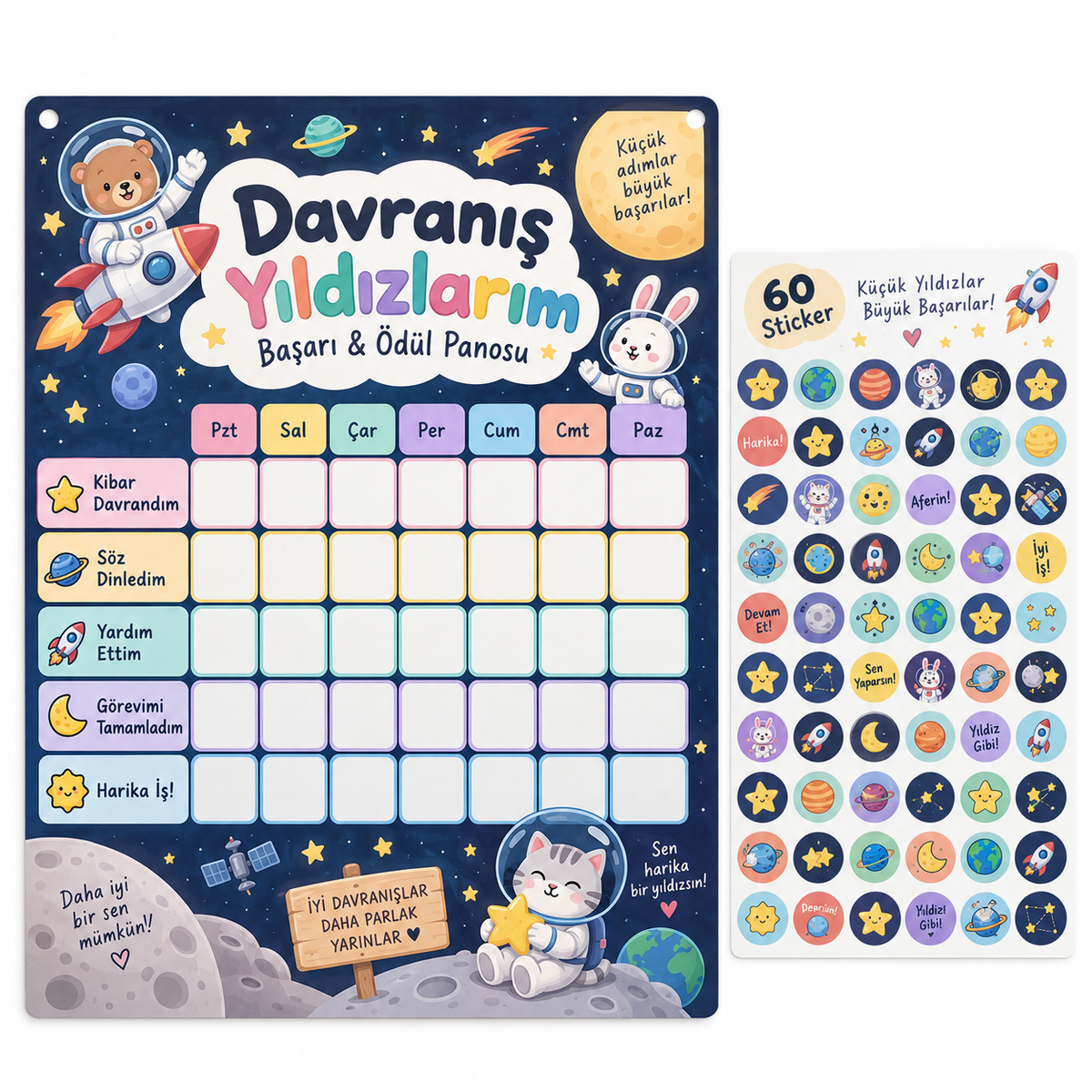 ST-RT-1006 Davranış Yıldızlarım Başarı & Ödül Panosu – 29×42 cm + 60 Sticker baskı görünümü