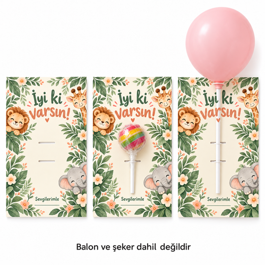 Neşeli Safari sınıf hediye kartı kullanım örneği; balon ve şeker dahil değildir
