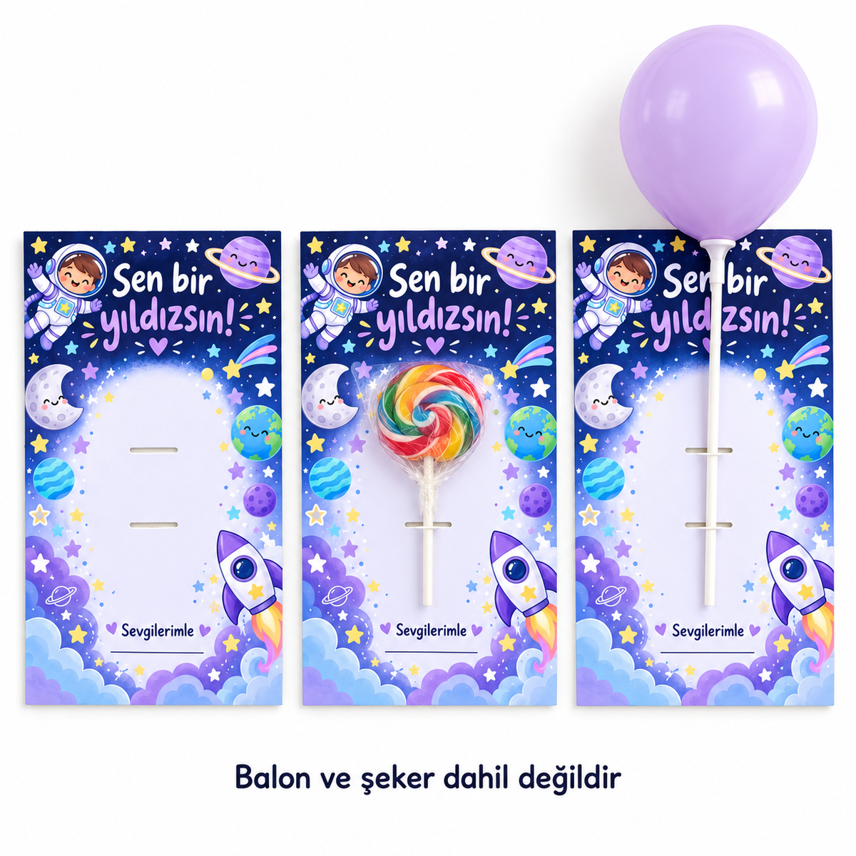 Uzay Kâşifleri sınıf hediye kartı kullanım örneği; balon ve şeker dahil değildir