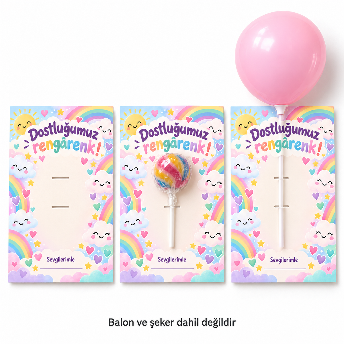 Gökkuşağı Dostluğu sınıf hediye kartı kullanım örneği; balon ve şeker dahil değildir