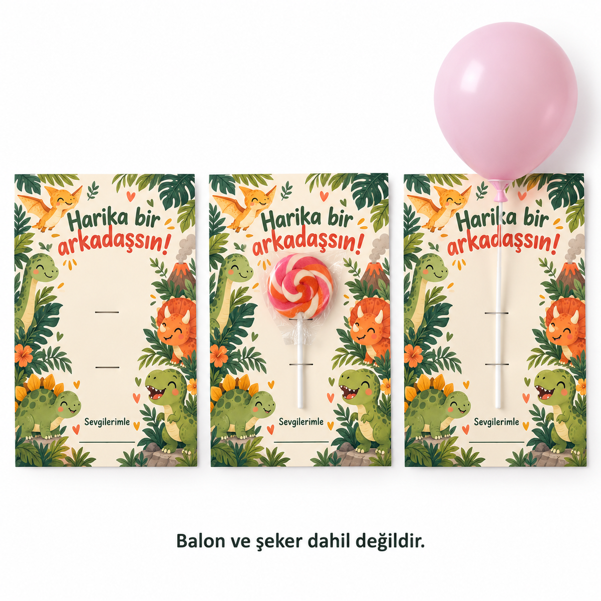 Minik Dinozorlar sınıf hediye kartı kullanım örneği; balon ve şeker dahil değildir