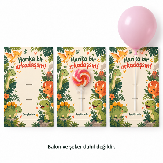 Minik Dinozorlar sınıf hediye kartı kullanım örneği; balon ve şeker dahil değildir
