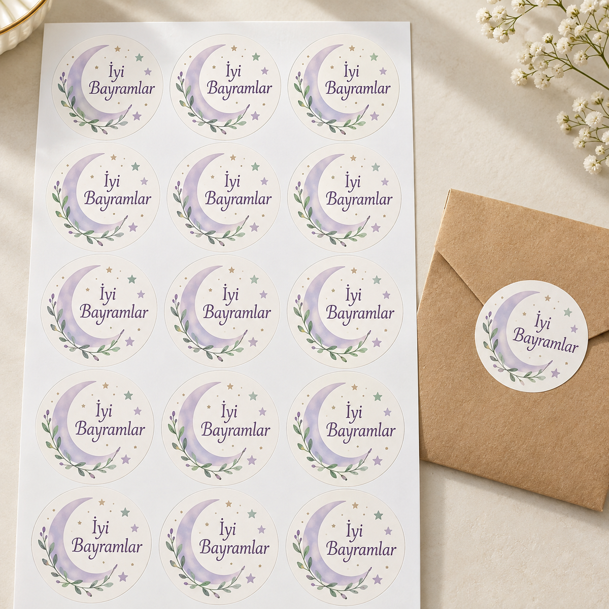 Pastel Hilal Bayram tebrik stickerı 4 cm, 60 adet