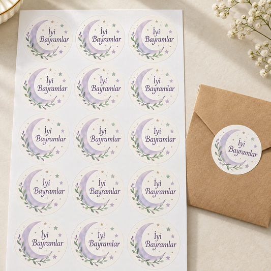 Pastel Hilal Bayram tebrik stickerı 4 cm, 60 adet