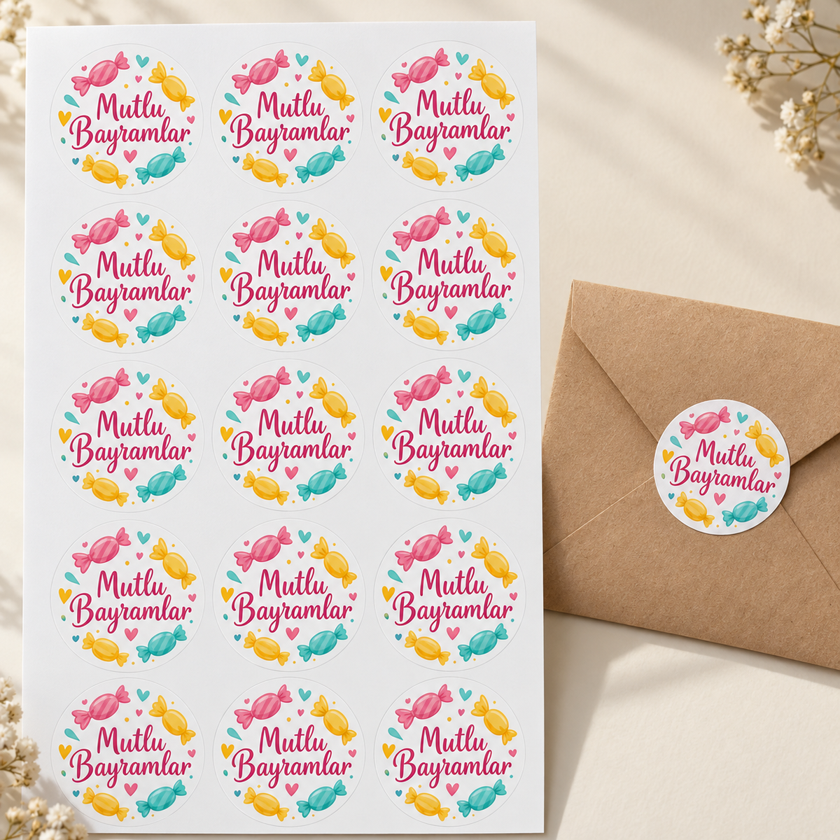 Şeker Neşesi Bayram tebrik stickerı 4 cm, 60 adet