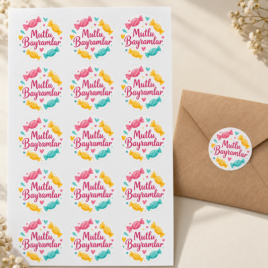 Şeker Neşesi Bayram tebrik stickerı 4 cm, 60 adet