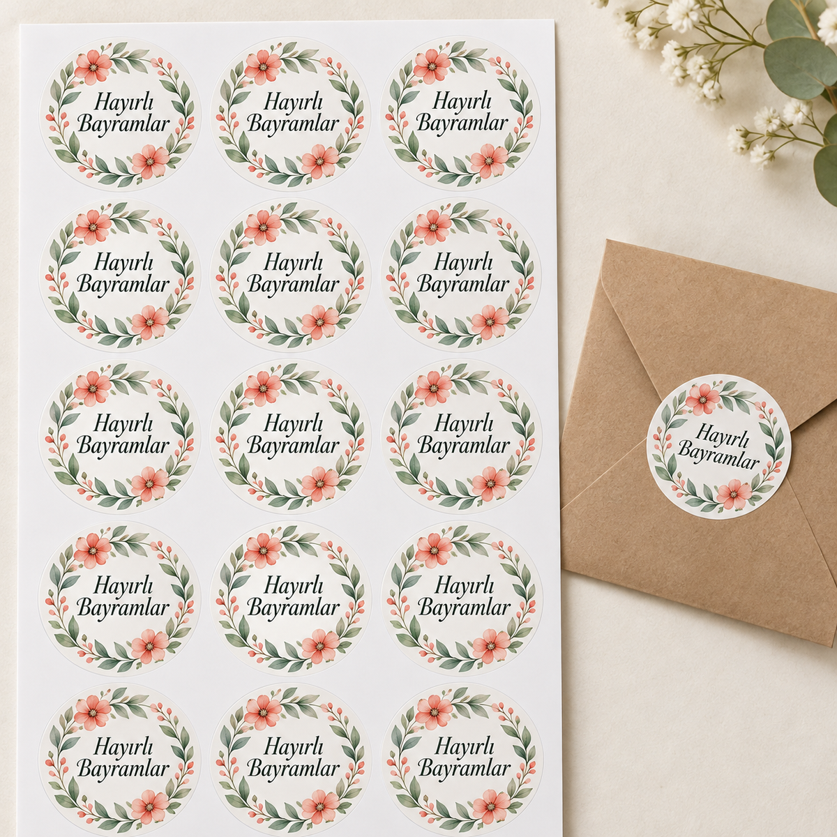 Çiçekli Tebrik Bayram tebrik stickerı 4 cm, 60 adet