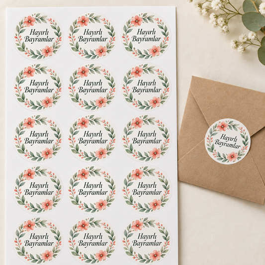Çiçekli Tebrik Bayram tebrik stickerı 4 cm, 60 adet