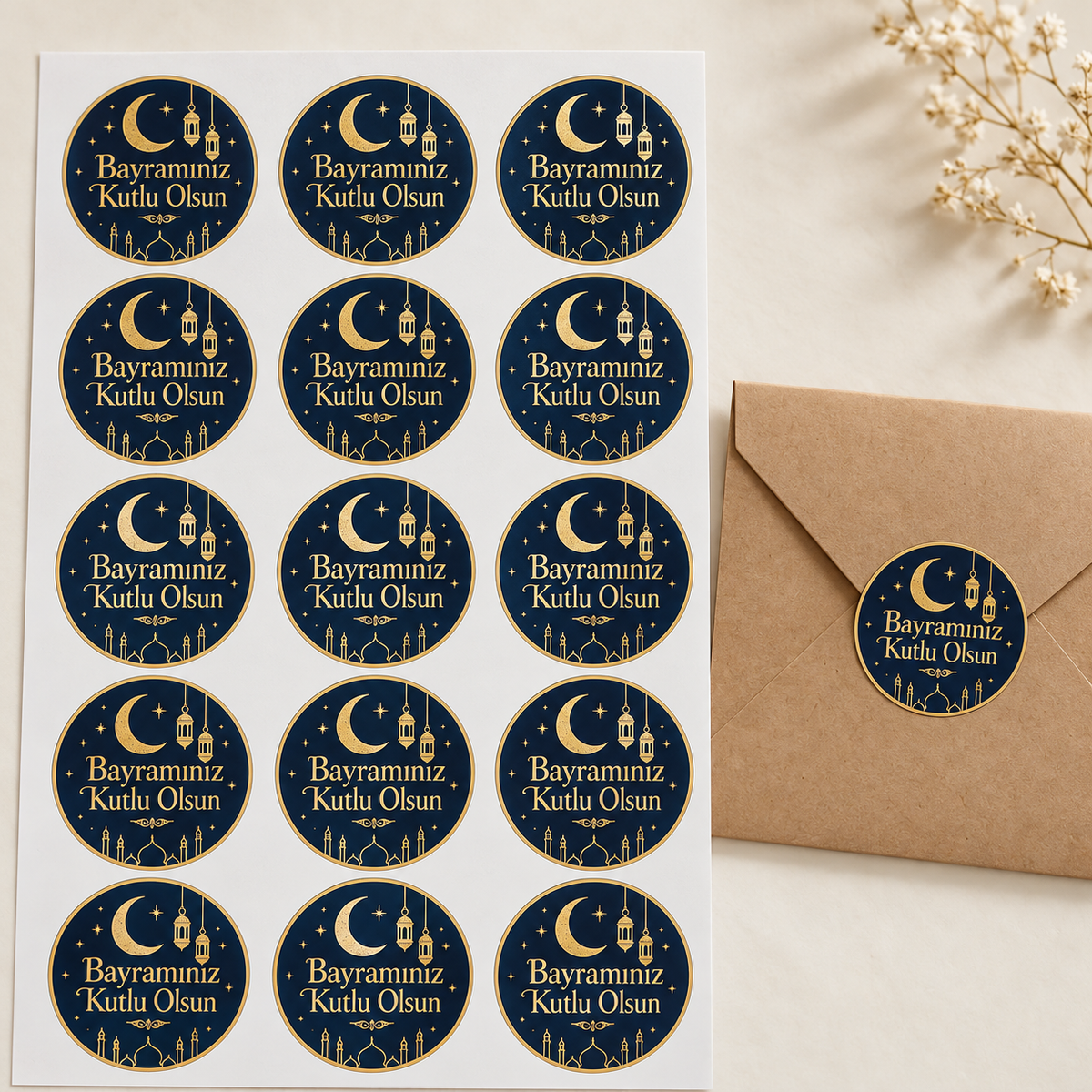 Altın Fener Bayram tebrik stickerı 4 cm, 60 adet