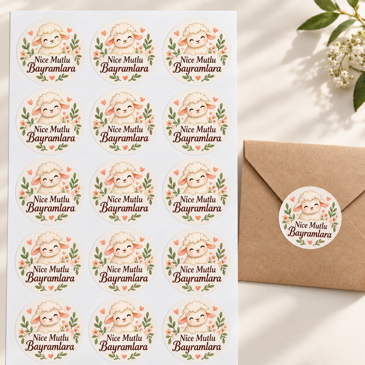 Sevimli Kuzu Bayram tebrik stickerı 4 cm, 60 adet