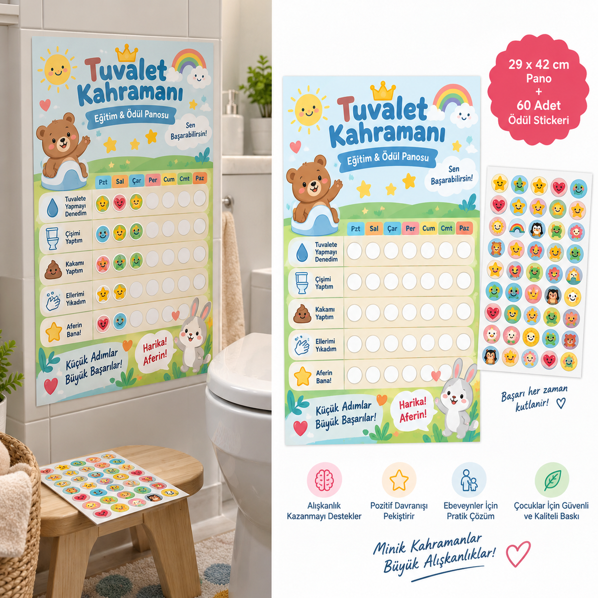 Tuvalet Kahramanı Eğitim ve Ödül Panosu 29x42 cm ve 60 ödül stickerı