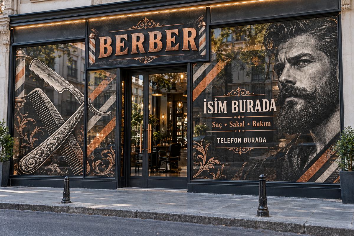 Ustura Klasik Berber Onewayvision Baskı geniş cephe mockup