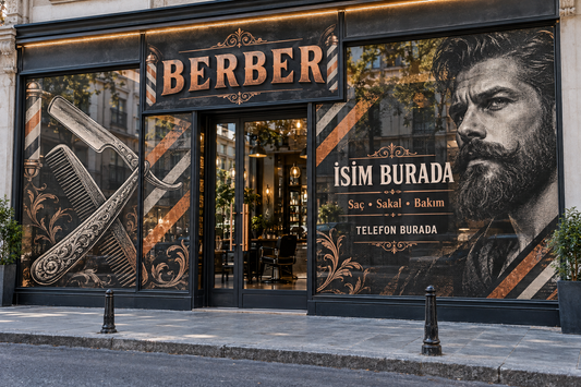 Ustura Klasik Berber Onewayvision Baskı geniş cephe mockup
