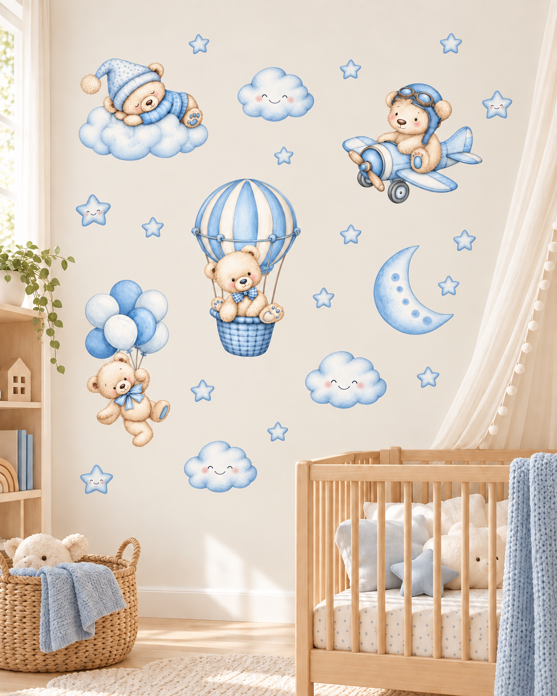 Mavi Ton Ayıcıklar Çocuk Ve Bebek Odası Duvar Kapı Cam Sticker Seti