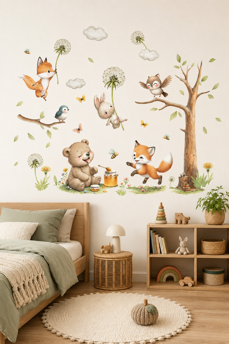 Masalsı Orman Hayvanları Çocuk Odası Duvar Sticker Seti Ayı Tilki Tavşan Ağaç ve Çiçek Figürlü
