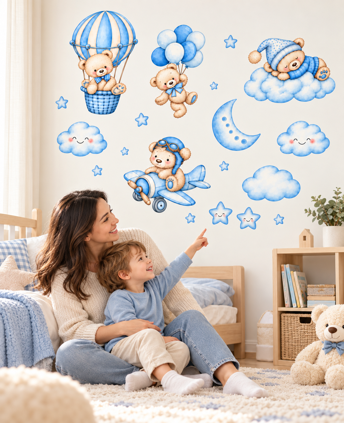 Mavi Ton Ayıcıklar Çocuk Ve Bebek Odası Duvar Kapı Cam Sticker Seti